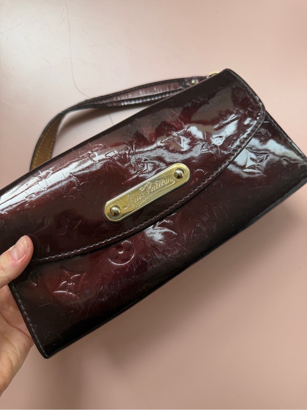Louis Vuitton Burgundy Vernis Monogram Wristlet Clutch with Gold Nameplate